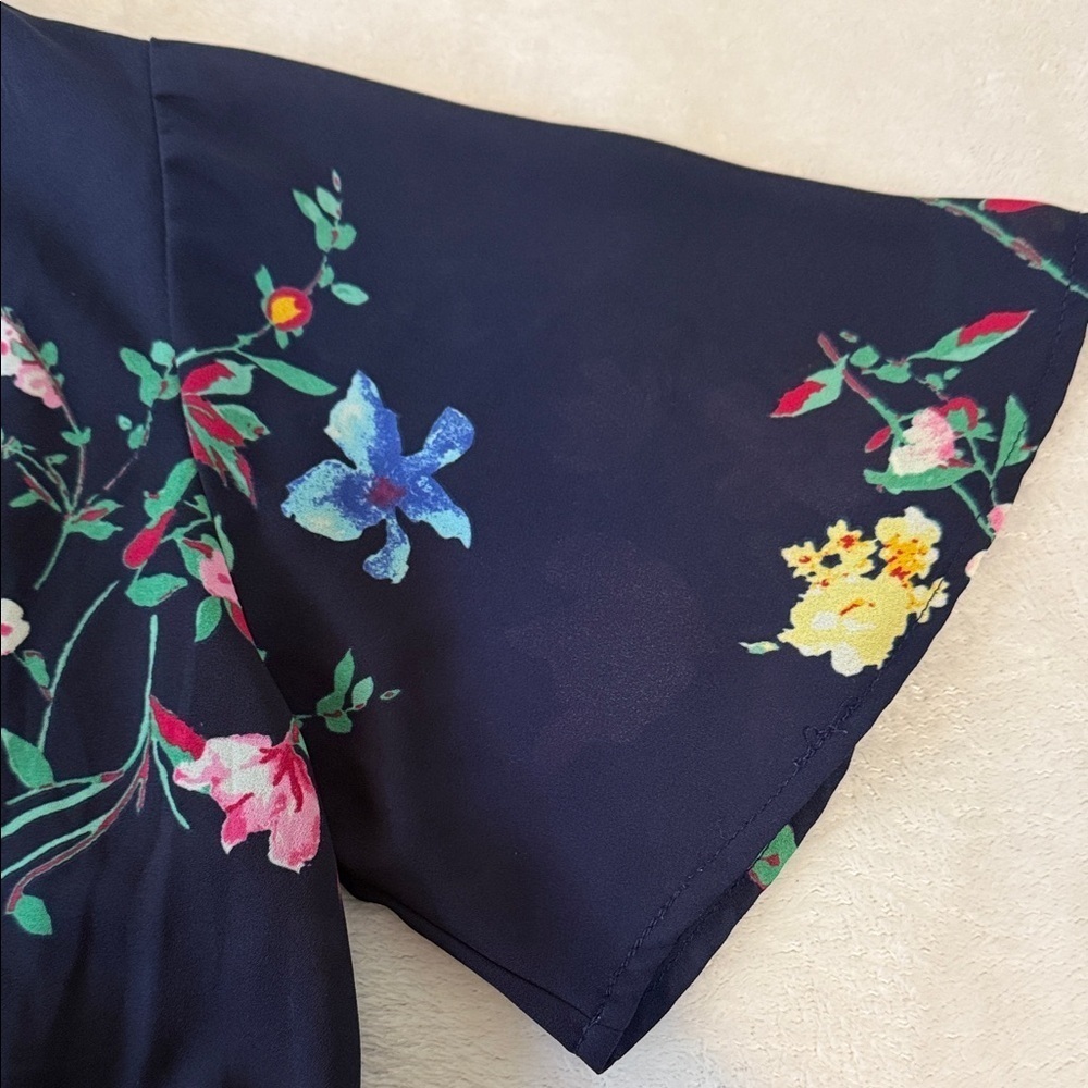 Sienna Sky Navy Blue Multicolored Floral Print Faux Wrap Top - Picture 9 of 11